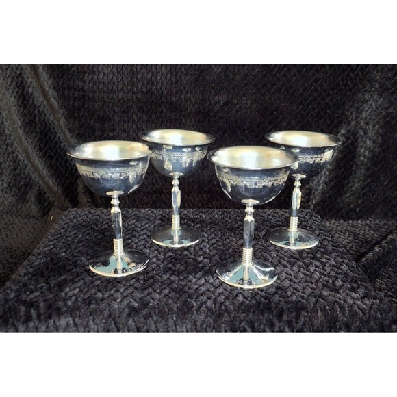 Set of 4 Vintage Etched Chrome Cocktail Glasses – Art Deco Barware - Picture 4 of 10